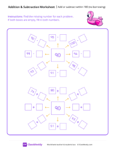 Add or subtract within 100 (no borrowing) - Flamingo | Math Worksheet