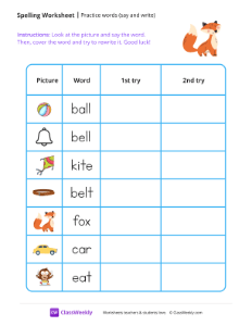 Practice words (say and write) - Fox | Reading & Writing Worksheet