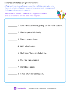 Fragment or sentence - Ice cream | Reading & Writing Worksheet