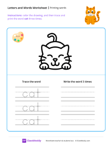 Printing words - Cat | Reading & Writing Worksheet