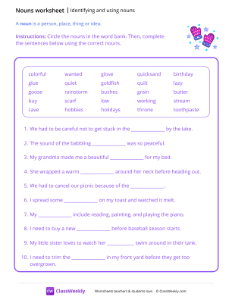 Identifying & Using Nouns - Glove | Grammar Worksheet