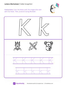 Letter Recognition (K) -Kite | Reading & Writing Worksheet