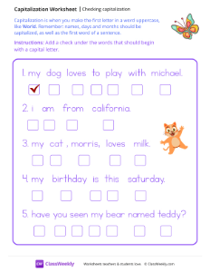 Checking Capitalization - Butterfly | Reading & Writing Worksheet