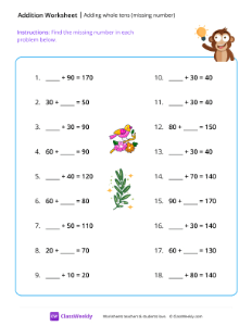 Adding whole tens (missing number) - Monkey | Math Worksheet