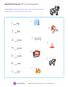 Fill in the missing letters - Cow | Reading & Writing Worksheet