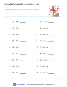 Decimal addition (1 digit) - Hiking | Math Worksheet