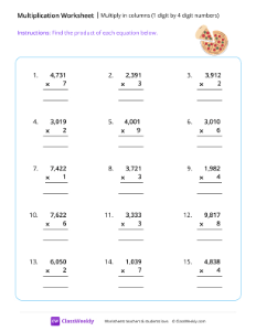 Multiply 1 by 4 digit numbers - Pizza | Math Worksheet