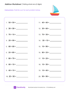 Adding whole tens (2 digits) - Boat | Math Worksheet