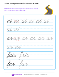 Cursive Joins - ai and ar | Reading & Writing Worksheet