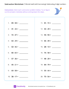 Mental math (with borrowing): Subtracting 2-digit numbers - Moon | Math Worksheet