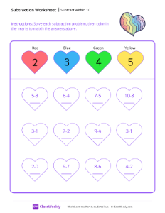 Subtract within 10 - Colorful Heart | Math Worksheet