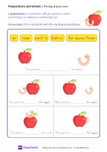 Writing Prepositions - Apple Worm | Grammar Worksheet