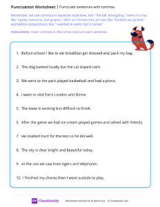 Punctuate sentences with commas - Dog | Reading & Writing Worksheet