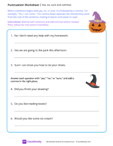 Yes, no, sure and commas - Pumpkin | Reading & Writing Worksheet