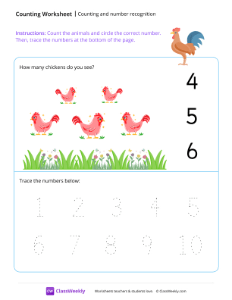 Counting and number recognition (5) - Rooster | Math Worksheet