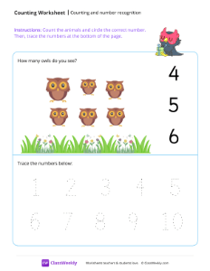 Counting and number recognition (6) - Owl | Math Worksheet