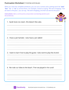 Using commas to join clauses - Drums | Reading & Writing Worksheet