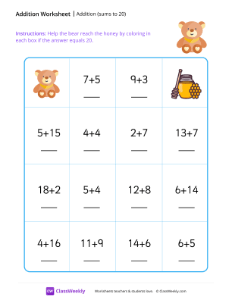 Addition maze (sums to 20) -Teddy Bear | Math Worksheet