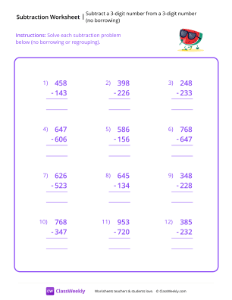 Subtract a 3-digit number from a 3-digit number (no borrowing) - Watermelon | Math Worksheet