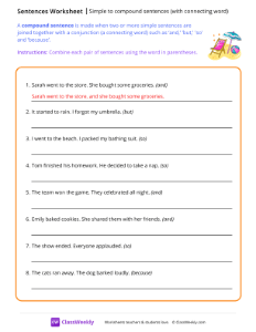 Simple to compound sentences (with connecting words) - Beach | Reading & Writing Worksheet