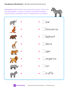 Identify and write animal words - Land animals | Reading & Writing Worksheet