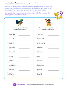 Making contractions - Trophy | Reading & Writing Worksheet