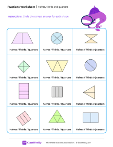 Equal parts - Halves, thirds and quarters - Detective | Math Worksheet