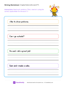 Capital letters (the word I) - Bee | Reading & Writing Worksheet