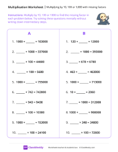 Multiplying by 10, 100 or 1,000 with missing factors - Halloween | Math Worksheet