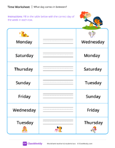 What day comes in between? - Friends | Math Worksheet