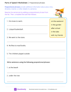 Prepositional phrases - Excited | Grammar Worksheet