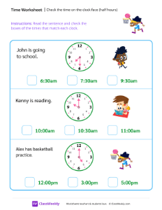 Check the time on the clock face (half hours) - Basketball | Math Worksheet