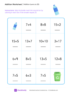 Addition maze (sums to 20) - Bottle | Math Worksheet