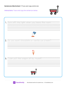 Trace and copy sentences - Wagon | Reading & Writing Worksheet