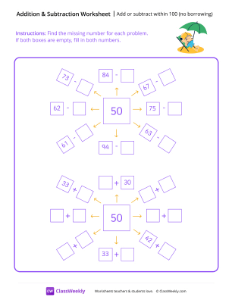 Add or subtract within 100 (no borrowing) - Beach Chair | Math Worksheet