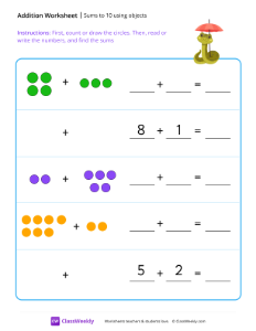 Sums to 10 using objects - Snake | Math Worksheet