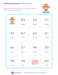 Subtract within 10 - Farmer | Math Worksheet