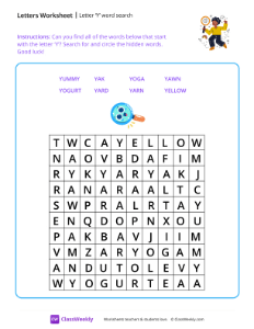 Letter Y word search - Happy Camper | Reading & Writing Worksheet