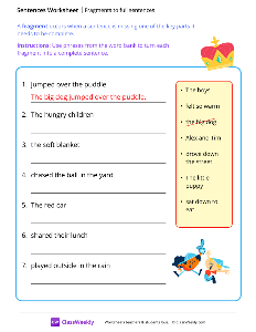 Fragments to full sentences - Crown | Reading & Writing Worksheet