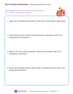 Counting money (word problems) - Coins | Math Worksheet