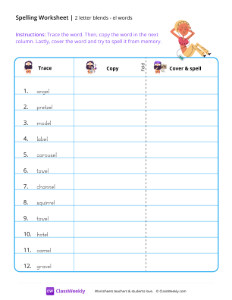 2 letter blends - el words | Reading & Writing Worksheet