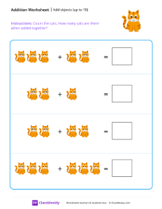 Add objects (up to 10) - Cats | Math Worksheet