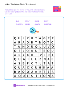 Letter Q word search - First Place | Reading & Writing Worksheet