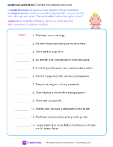 Simple and complex sentences - Baby | Reading & Writing Worksheet