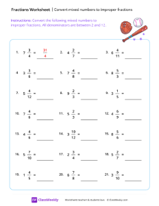 Convert mixed numbers to improper fractions - Baseball | Math Worksheet