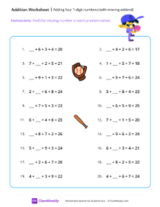 Adding 4 numbers with missing addend - Baseball | Math Worksheet