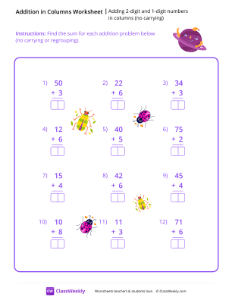 Adding 2-digit and 1-digit numbers in columns (no carrying) - Saturn | Math Worksheet