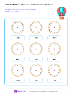 Telling time: 5 minute intervals (draw the clock) - Hot air balloon | Math Worksheet