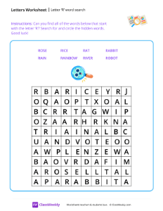 Letter R word search - Page Search | Reading & Writing Worksheet