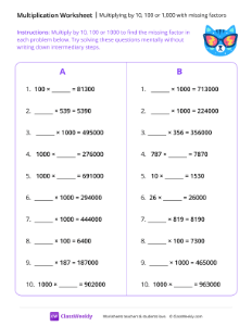 Multiplying by 10, 100 or 1,000 with missing factors - Cat Shades | Math Worksheet